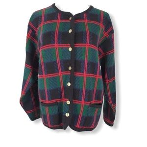 Tally-Ho Vintage Tartan Plaid Cardigan Sweater Faux gold buttons Large